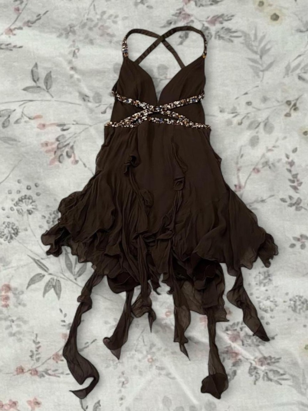 Y2k Mandalay Designs Silk Mini Dress Backless Beaded Fairy Asymmetrical Boho